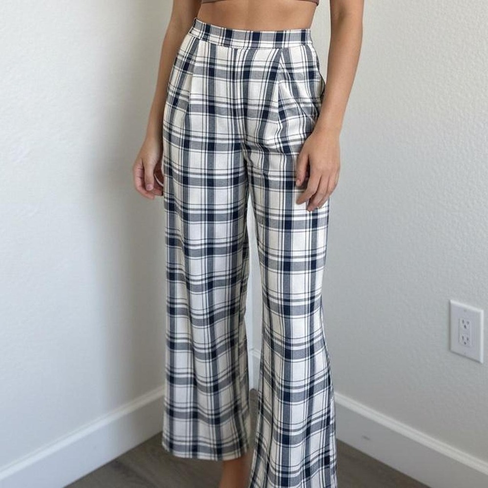 Plaid Linen Blend Straight Leg Trousers – XS